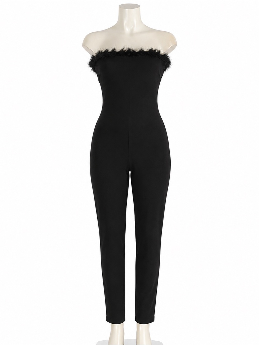 Strapless Black Feather-Trim Jumpsuit